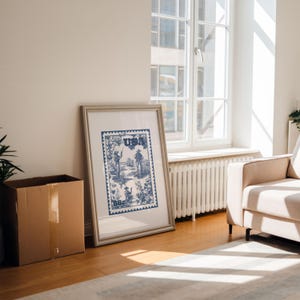 This blue cowboy stamp print blends vintage Americana with trendy western style. Featuring a retro toile-inspired design, it's perfect for cute dorm rooms, wild west-themed spaces, or eclectic home decor with a bold, nostalgic twist.