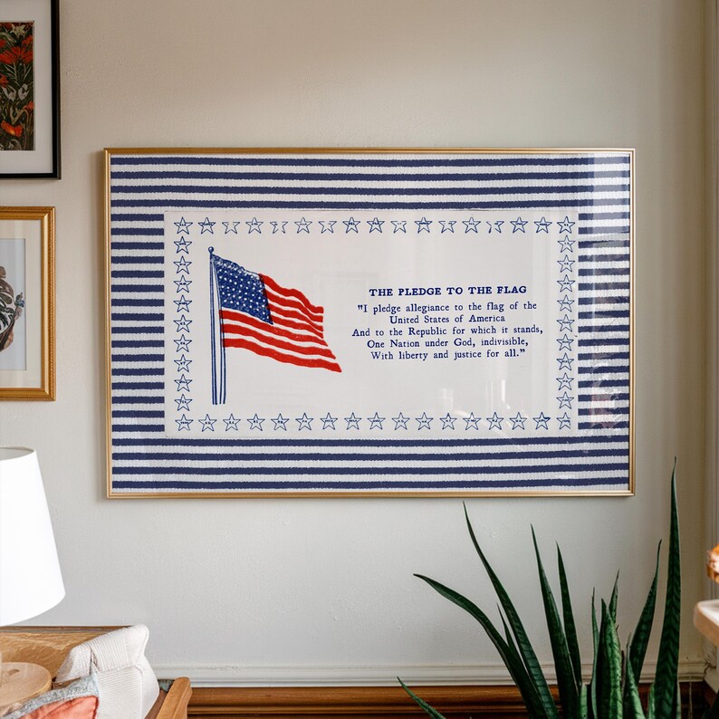 Pledge of Allegiance Print, Blue Stripe Americana Wall Art, Vintage Classroom Decor, Patriotic Poster, Homeschool Wall Art