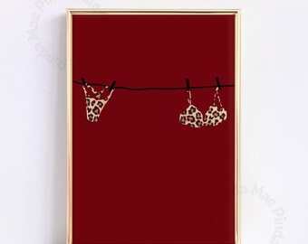 Red Leopard Bikini Print, Preppy Dorm Decor, Funky Digital Art, Retro College Wall Decor, Aesthetic Apartment Trendy Poster Summer
