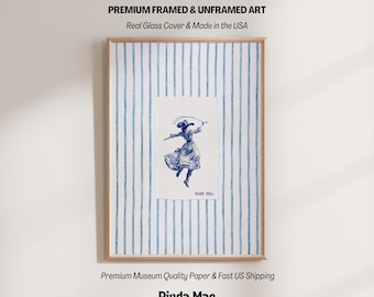 Blue Toile Cowgirl Print: Western Chinoiserie Wall Art