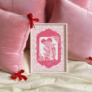 Pink Skeleton Art Print: Vintage Skull Poster, Girly Pastel Goth Decor