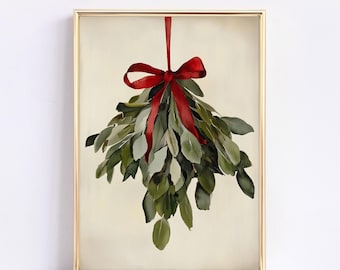 Vintage Christmas Mistletoe Painting Farmhouse Holiday Decor Mistletoe With Red Bow Wall Art Rustic Christmas Art Print Neutral Xmas Decor