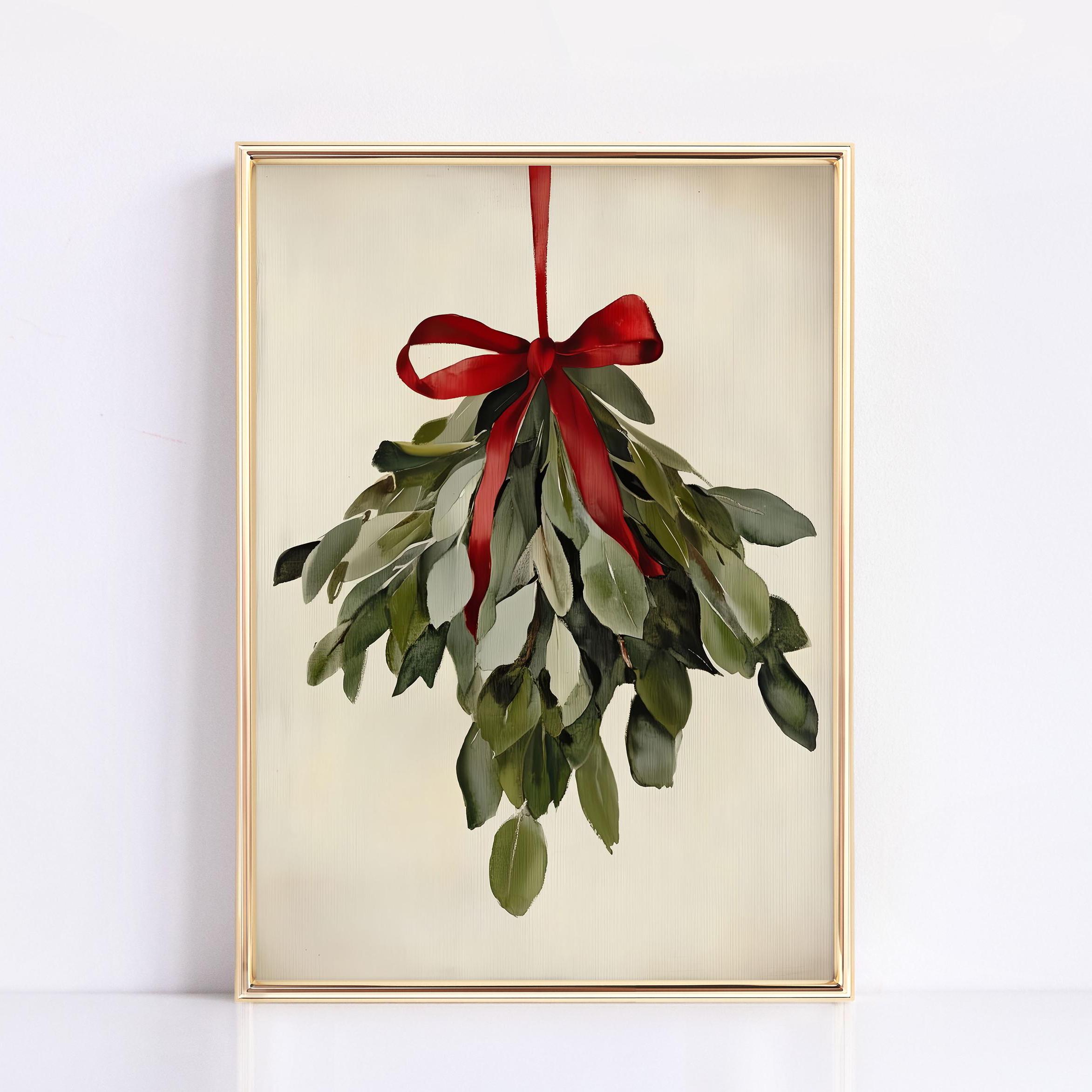 Vintage Mistletoe Christmas Painting: Farmhouse Holiday Wall Art