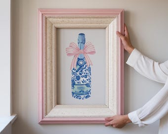 Trendy Bow Wall Art, Blue White Bar Cart Decor, Printable Poster, Pink Preppy Wall Art, Aesthetic Apartment Decor, Trendy Dorm Decor, Cute