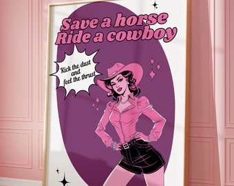 Preppy Pink Cowgirl Art, Cowgirls Decorations, Funny Retro Poster, Aesthetic Western Print, Rude Wall Art, Trendy Apartment Decor, Yee Haw