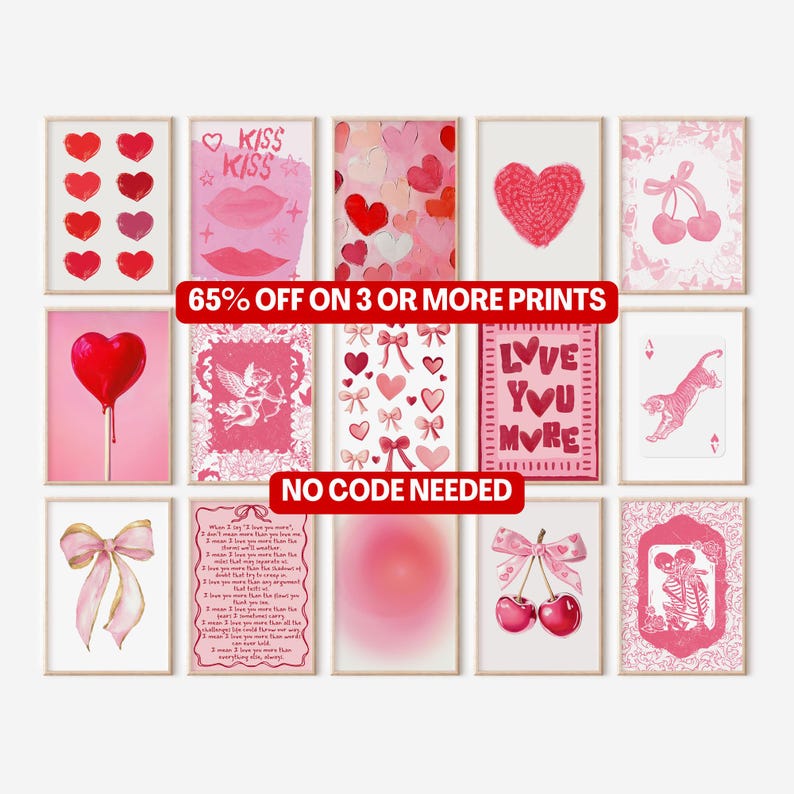 May include: A set of 12 printable Valentine's Day themed art prints featuring pink and red hearts, cherries, bows, and other romantic imagery. The prints are perfect for adding a touch of love to your home decor.