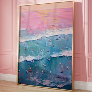 Surfing Poster Beach Wall Art Beachy Wall Art Pink Poster Surf Painting Surf Decor Coastal Wall Art Printable Wall Art Pink Preppy Wall Art