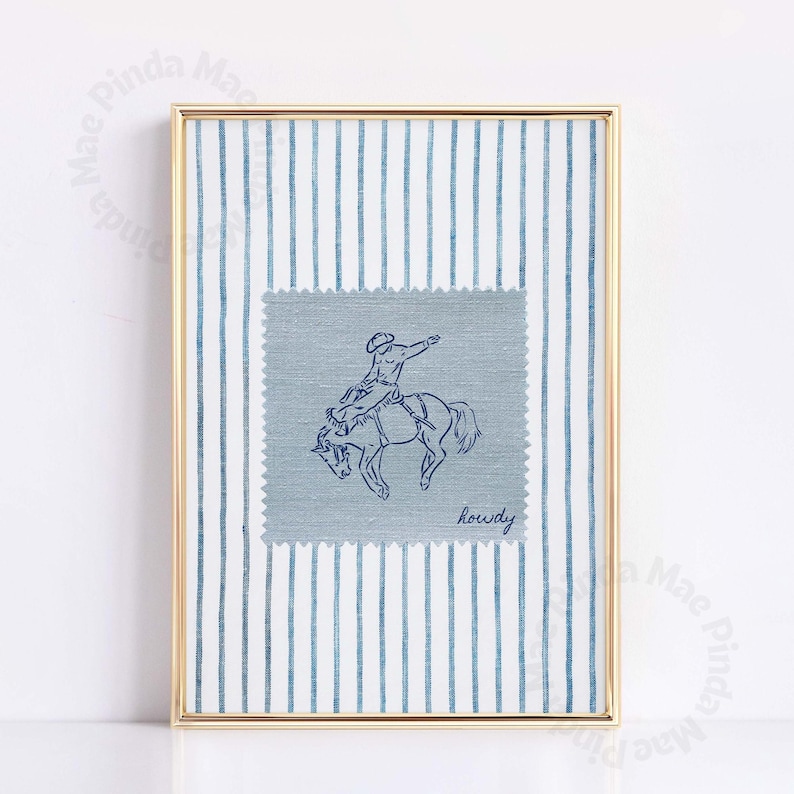 Add a bold statement to your space with this vintage striped rodeo print. Featuring retro blue and white stripes with a rustic western vibe, this cowboy poster is perfect for adding western bedroom wall art flair. The charming retro horse print blends seamlessly into rustic mid century modern home decor styles and makes a cute accent for dorm decor. Ideal for rodeo lovers, cowboy fans, and anyone who loves unique vintage western style.