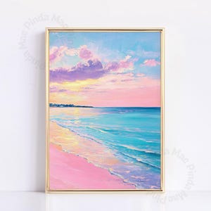 Rosa blaue Pastell-Sonnenuntergang-Malerei, bunte Ozean-Wand-Kunst, ästhetisches Wohnungs-Dekor, beachy Wandkunst, Pastellstrandszene, trendige Küstenlandschaft