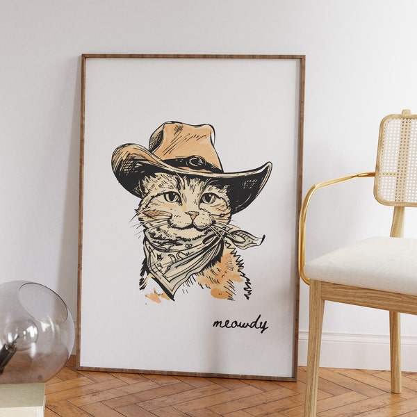 Meowdy Western Art Print Cowgirl Decor Western Wall Art Minimalist Cat Poster Cowboy Poster Cat Pun Art Howdy Print Funny Cat Poster