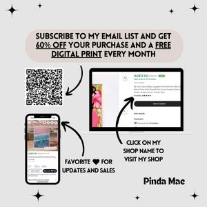 May include: A digital illustration of a pink and white leopard print wall art with the text "Be Your Own Daily Leopard Print Feminist Wall Art" and "Retro Prints Pink Floral Prints Funny Poster Eclectic Poster Unique Poster Trendy Print". The image is on a computer screen with a price tag of $11.00 and a call to action to add to basket. The image is part of a larger graphic with a QR code, a phone screen showing a similar product, and text that says "Subscribe to my email list and get 60% off your purchase and a free digital print every month".