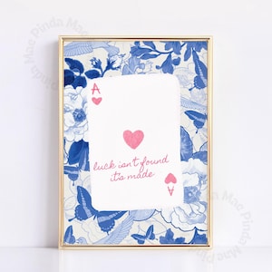 Blue Pink Wall Art, Trendy Playing Cart Print, Ace of Hearts Print, Aesthetic Apartment Decor, Motivational Quote Print, Vintage Wall Art