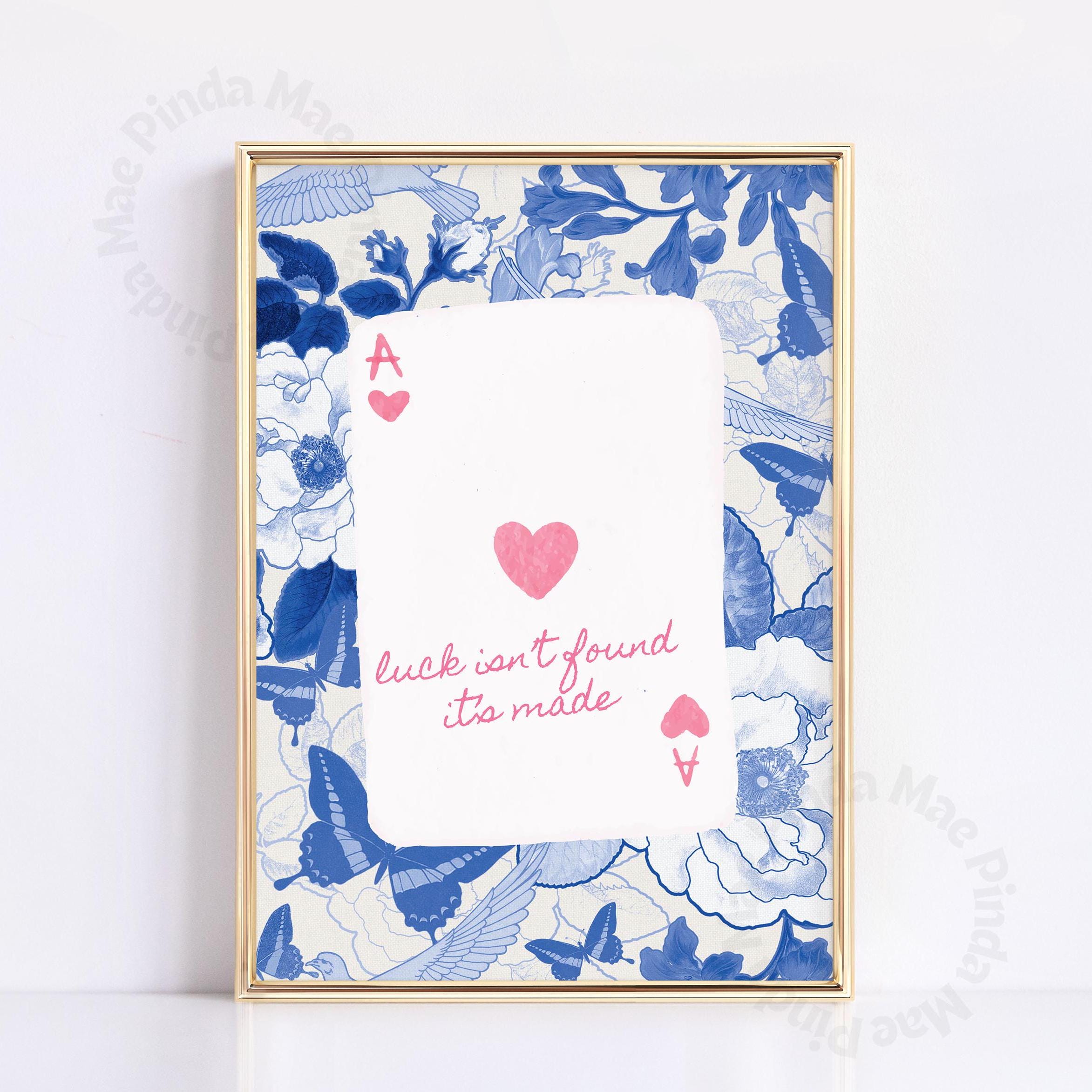 Blue Pink Wall Art, Trendy Playing Cart Print, Ace of Hearts Print, Aesthetic Apartment Decor, Motivational Quote Print, Vintage Wall Art