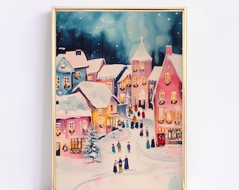 Pink Christmas Village Watercolor Art Print (Digital Download)