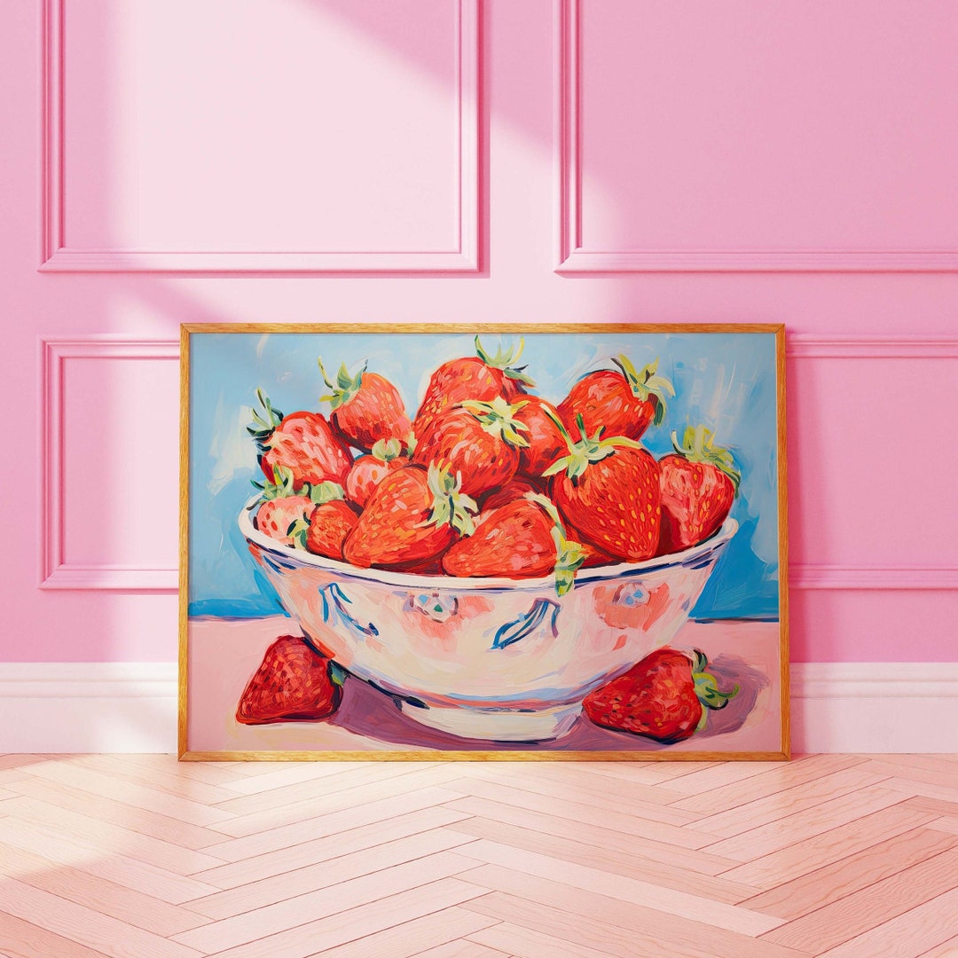 Strawberry Wall Art Retro Berry Painting Kitchen Print Oil Painting Fruit Stillife Berry Bowl