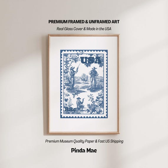 Blue Cowboy Stamp Print: Vintage Americana Western Wall Art
