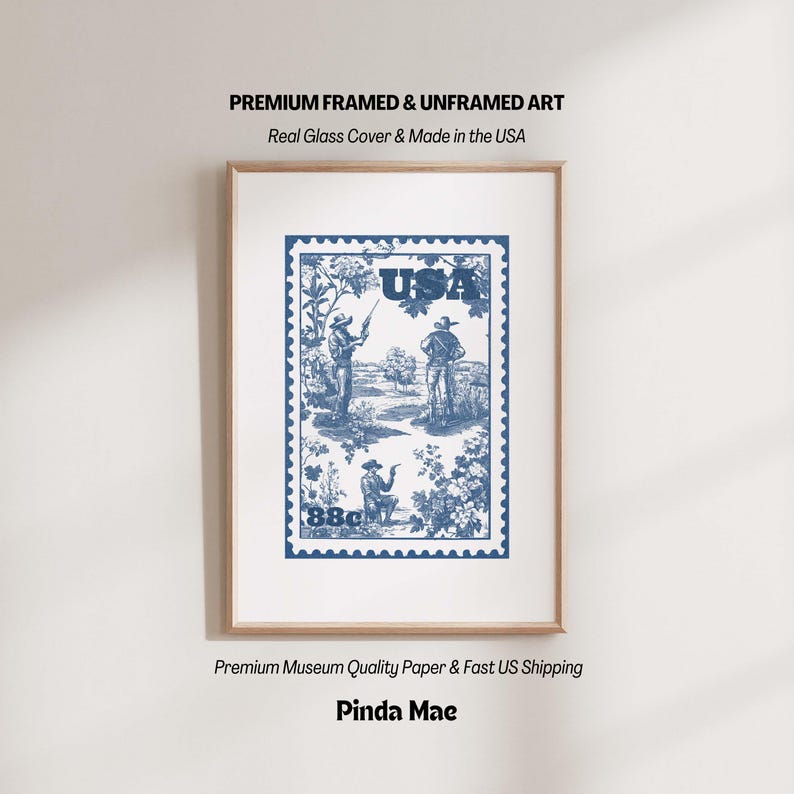 This blue cowboy stamp print blends vintage Americana with trendy western style. Featuring a retro toile-inspired design, it's perfect for cute dorm rooms, wild west-themed spaces, or eclectic home decor with a bold, nostalgic twist.