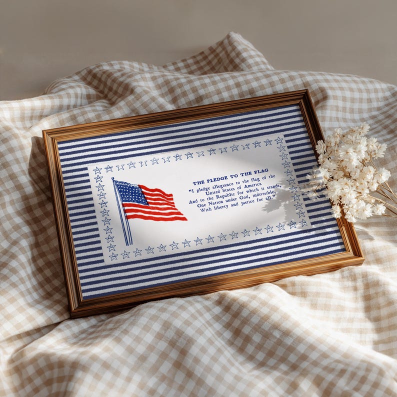 Pledge of Allegiance Print, Blue Stripe Americana Wall Art, Vintage Classroom Decor, Patriotic Poster, Homeschool Wall Art