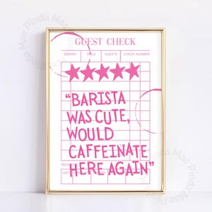 Impresión de cheque de invitado / Póster de café / Decoración de apartamento linda / Decoración de habitación estética rosa / Decoración de pared de cocina / Arte de pared de café / Barista linda