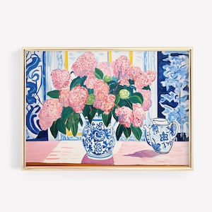 Hydrangea Painting Chinoiserie Printable Art Blue White China Watercolor Floral Painting Blue Hydrangea Print Blue Pink Aesthetic Apartment