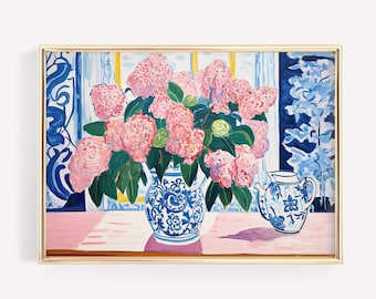 Hydrangea Chinoiserie Watercolor Painting: Blue White Floral Print (Digital Download)