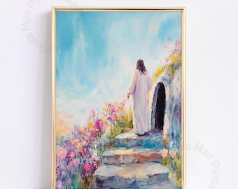 Afdrukbare christelijke paasprint, hij is verrezen muurkunst, Jezus Pasen woondecoratie, christelijk schilderij, kleurrijke katholieke paasprint, pastel