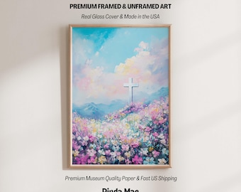 Holy Cross Art Print, roze blauwe wilde bloemen muurkunst, kleurrijke christelijke kunst, pastel religieuze print, lente kunst aan de muur, Jezus Christus schilderij