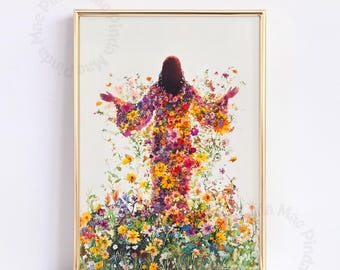 Colorful Jesus Art Print: Modern Christian Wildflower Watercolor