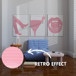 Juego de 3 impresiones físicas de arte de pared de galería retro de moda en color rosa pastel, decoración de habitación estética en color rosa preppy, arte de pared femenino de 3 piezas para dormitorio universitario lindo