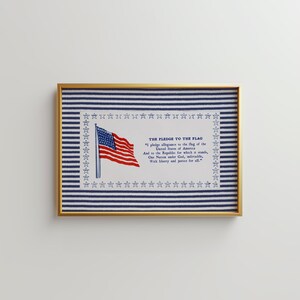 Pledge of Allegiance Print, Blue Stripe Americana Wall Art, Vintage Classroom Decor, Patriotic Poster, Homeschool Wall Art