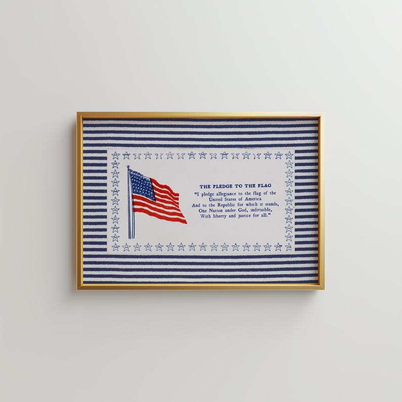 Pledge of Allegiance Print, Blue Stripe Americana Wall Art, Vintage Classroom Decor, Patriotic Poster, Homeschool Wall Art