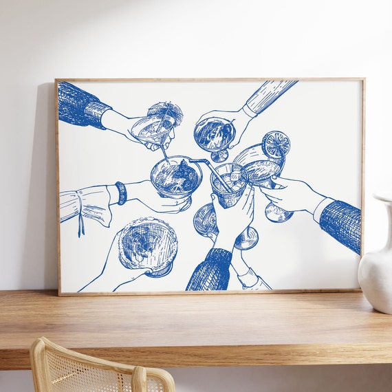 Blue Cheers Cocktail Print: Trendy Bar Cart Wall Art