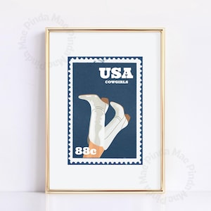 Cowgirls Vintage Stempel, Retro Western Wohnheim Dekor, Blaues Cowboy Boot Poster, Funky Wohnung Dekor, Trendy USA Americana Kunstwerk Bild