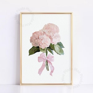 Pink Hydrangeas With Pink Bow Painting, Girl Nursery Decor, Floral Spring Wall Art, Aesthetic Living Room Decor, Pink Flowers Painting