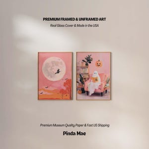 Halloween Wall Art Set of 2, Witch Moon Print, Funny Ghost Reading Pastel Painting, Spooky Witchy Decor for Fall Home, Pink and Orange Art