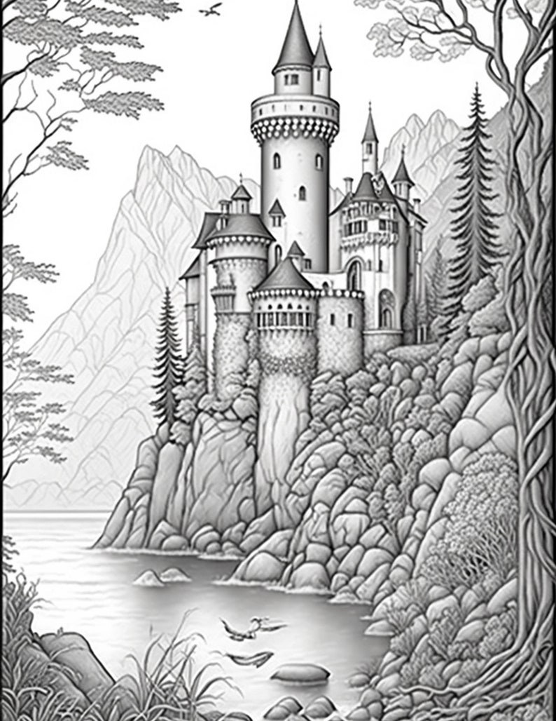 Enchanting Castle Coloring Page for Adults Instant Download Printable