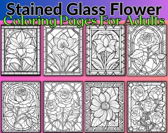 Digital Stained Glass Flower Coloring Pages for Adults | 130 Designs | Instant Download