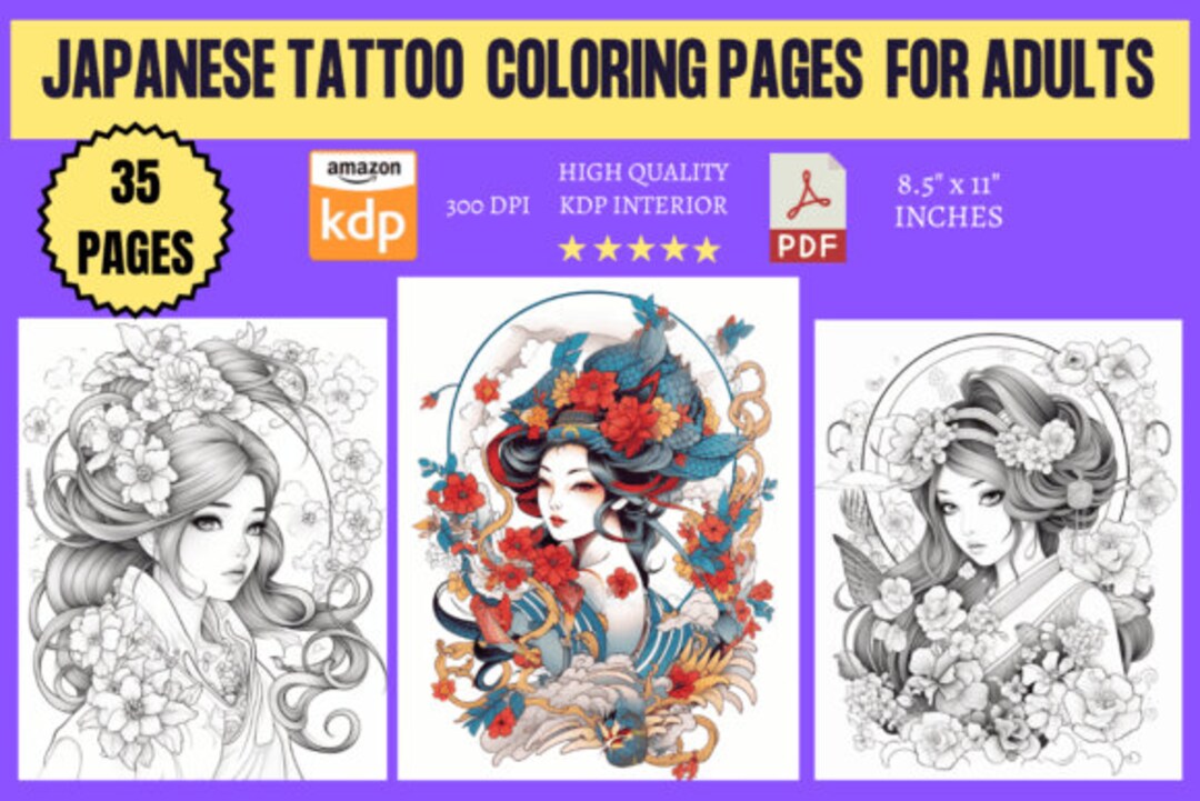 Japanese Tattoo Coloring Pages for Adults Instant Download Printable ...
