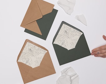 Format B6, 16,5 x 12 cm Kraft | Enveloppes vert foncé avec inserts pivoines pour faire-part de mariage, chèques-cadeaux, papier texturé