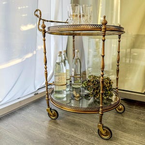 Vintage bar cart Brass glas | French Mid Century serving Trolley | Antique movable side table brass | Tea cart round with removable tray