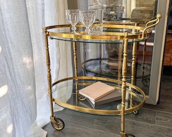 Vintage Servierwagen Messing Glas | Ovaler Barwagen auf Rollen | Mid Century Möbel | Hollywood Regency