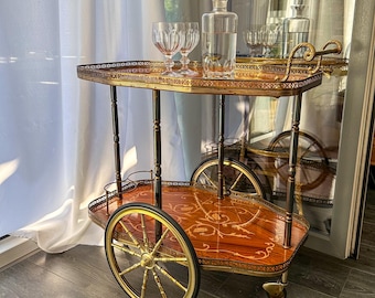 Vintage Servierwagen Italien Intarsien Holz | Messing Barwagen | Antik Teewagen | Mid Century rollbarer Beistelltisch Flaschenhalter