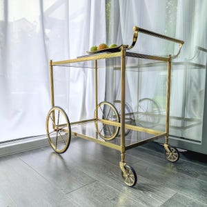 Vintage Brass Bar Cart with Smoked Glass | Mid Century Modern Serving Trolley | French Tea Cart, Drinks Trolley | Rolling Side Table