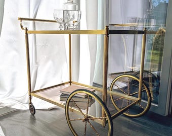 Vintage Brass Bar Cart with Smoked Glass | Mid Century Modern Serving Trolley | French Tea Cart, Drinks Trolley | Rolling Side Table
