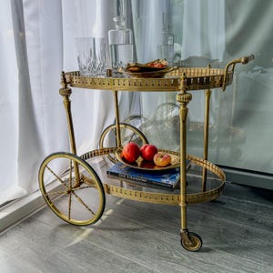 Vintage bar cart Brass French oval Hollywood Regency Trolley Mid Century movable side table brass