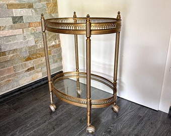Small serving trolley brass with glass tops bar cart Hollywood Regency oval trolley Bras rolling side table vintage gold
