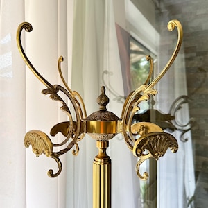 Vintage Brass Coat Rack | Mid Century Standing Hall Tree | Hollywood Regency Entryway Furniture | Antique hallway coat hook stand