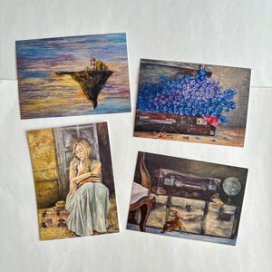 Conjunto de cartões vintage, cartões de felicitações românticos nostálgicos, mala vintage, pintura a óleo, cartão postal feito à mão, presente original de mulher boho