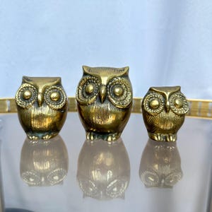 Vintage Brass Owl Figurines Set of 3 Heavy Solid Brass Owls with Patina, Mid Century Animal Decor, Retro Owl Statues, Boho Shelf Decor