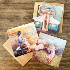 Karten set Grüßkarte Romantisch Mädchen Frau vintage Koffer Spruch Quadrat Ölmalerei Bild handmade Postkarte Original